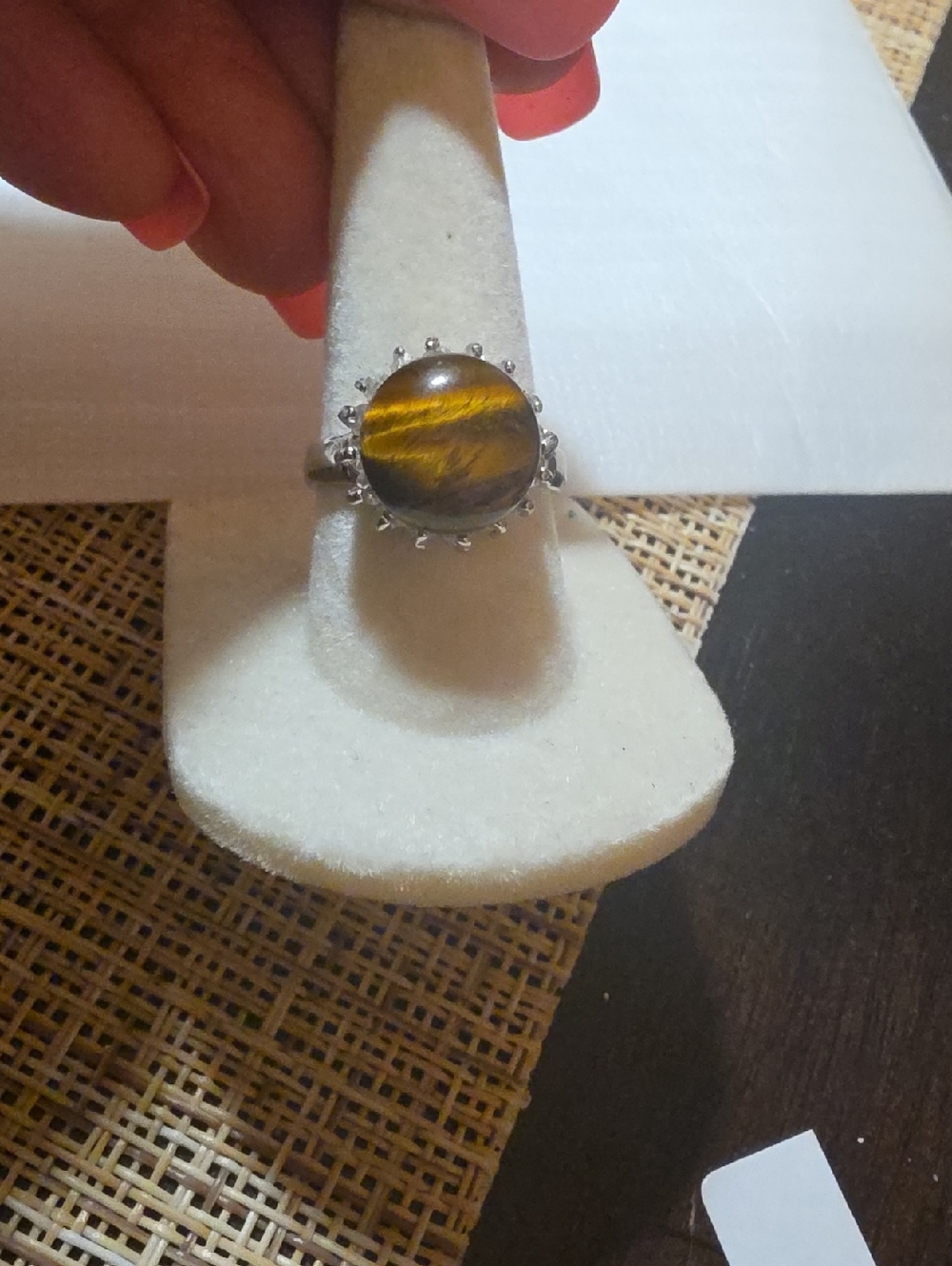 Tiger's Eye Silver Halo Ring - Brown Gemstone Women's Jewelry